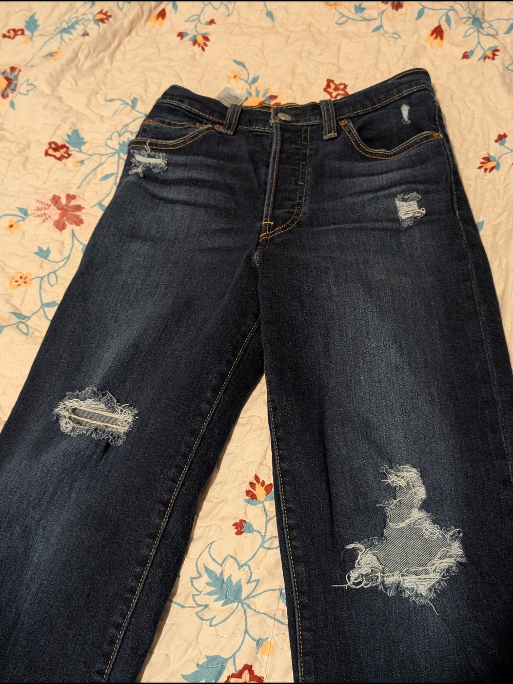 Levi's Dark Blue Distressed Straight Leg Jeans